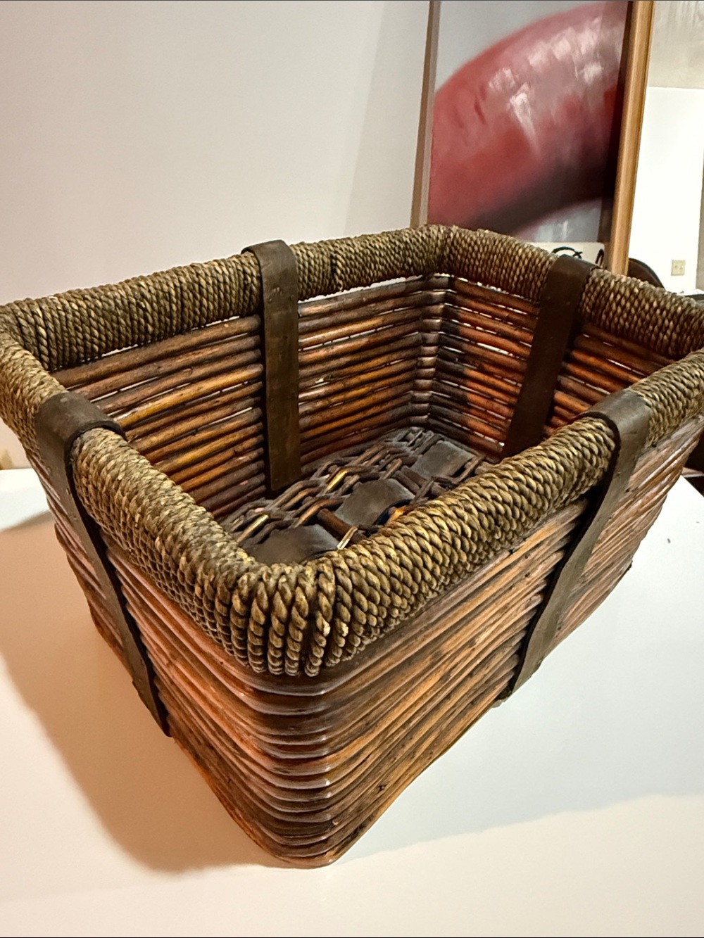Handwoven Brown Rattan Storage Basket with Rope Trim